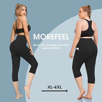 MOREFEEL Plus Size Capri Yoga Pants for Women with Pockets-Stretchy X-4XL Tummy Control High Waist Workout Black Leggings