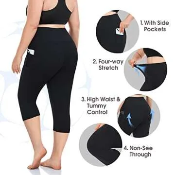 MOREFEEL Plus Size Capri Yoga Pants for Women with Pockets-Stretchy X-4XL Tummy Control High Waist Workout Black Leggings