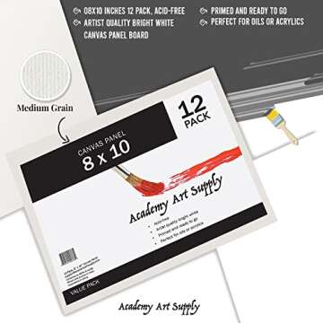 Academy Art Supply Canvases Panels 8 x 10 inch - 100% Cotton Artist Blank Canvas Board for Painting, Pre-gessoed, Primed, Acid-Free Blank Canvas, Perfect for Acrylic and Oil Painting, Pack of 12