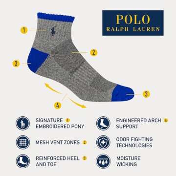 Polo Ralph Lauren Men's Athletic Performance Cotton Ankle Socks-6 Pair Pack-Breathable Mesh & Sport ...
