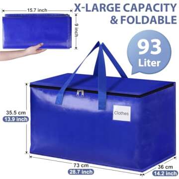 StorageRight Moving Bags – Heavy Duty ZIP Storage Totes, 93L, Blue - 6 Pack