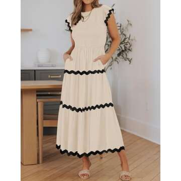 ZESICA Women's Summer Flutter Short Sleeve Smocked Midi Dress Casual High Waist Rickrack Tiered Flow...