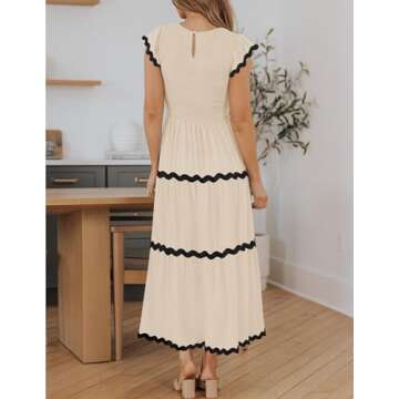 ZESICA Women's Summer Flutter Short Sleeve Smocked Midi Dress Casual High Waist Rickrack Tiered Flowy Dresses,Apricot,Small