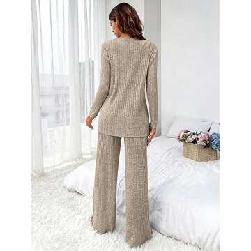 MakeMeChic Women's Lounge Sets 3 Piece Pajamas Set Open Front Cardigan Tank Tops Pants Loungewear Nightwear Khaki L