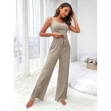 MakeMeChic Women's Lounge Sets 3 Piece Pajamas Set Open Front Cardigan Tank Tops Pants Loungewear Nightwear Khaki L