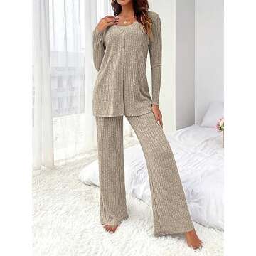 MakeMeChic Women's Lounge Sets 3 Piece Pajamas Set Open Front Cardigan Tank Tops Pants Loungewear Nightwear Khaki L