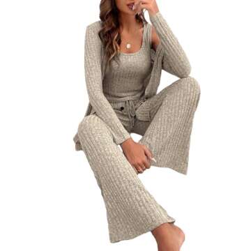 MakeMeChic Women's Lounge Sets 3 Piece Pajamas Set Open Front Cardigan Tank Tops Pants Loungewear Nightwear Khaki L