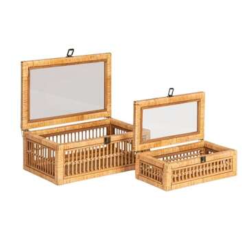Creative Co-Op Rattan and Bamboo Nestable Storage Boxes with Glass Lids, Natural, Set of 2