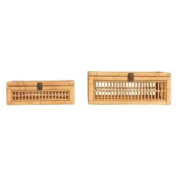 Creative Co-Op Rattan and Bamboo Nestable Storage Boxes with Glass Lids, Natural, Set of 2