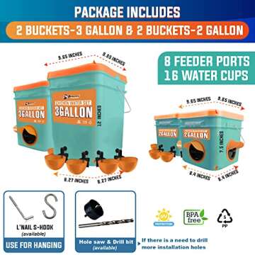 Automatic Chicken Feeder and Waterer Set (4 Buckets/2-3 gallons), Chicken Feeder Ports & Water Cups No Waste, Rain Proof Poultry Feeders, Avoid Small Animals. Suitable for Chicken, Duck, Turkey
