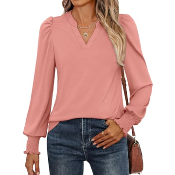ANRABESS Women's Puff Long Sleeve Shirts V Neck Loose T-Shirts Dressy Casual Work Blouses 2024 Fall ...