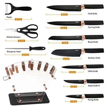 elabo Kitchen Knife Set with Block - 16 Pcs Stainless Steel Knives Set for Kitchen, Includes 6 Sharp Kitchen Knives, 6 Serrated Steak Knives, Scissor, Sharpener, Acrylic Block Knife Set (Rose Gold)