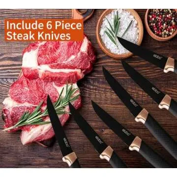 elabo Kitchen Knife Set with Block - 16 Pcs Stainless Steel Knives Set for Kitchen, Includes 6 Sharp Kitchen Knives, 6 Serrated Steak Knives, Scissor, Sharpener, Acrylic Block Knife Set (Rose Gold)