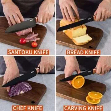 elabo Kitchen Knife Set with Block - 16 Pcs Stainless Steel Knives Set for Kitchen, Includes 6 Sharp Kitchen Knives, 6 Serrated Steak Knives, Scissor, Sharpener, Acrylic Block Knife Set (Rose Gold)