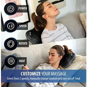 Zyllion Shiatsu Back and Neck Massager with Heat - 3D Kneading Deep Tissue Electric Massage Pillow with 2 Speeds & Rotation Control for Chair, Car, Muscle Pain Relief - Black (ZMA-34)