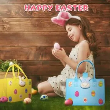 FIHCH Easter Bags with Handles Large Easter Baskets Empty Easter Egg Hunt Bags Made of Felt Easter Gift Bags for Kids 12" x7.8" x6.8,3PCS
