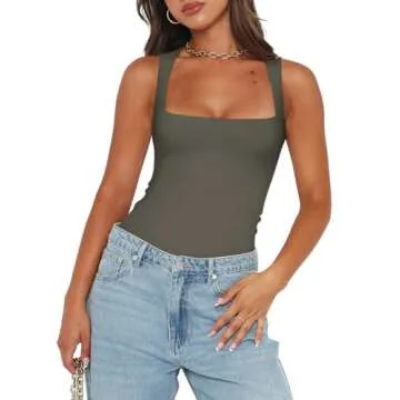 REORIA Womens Sexy Casual Sleeveless Square Neck Tummy Control Thong Bodysuits Tank Tops Sexy Valent...