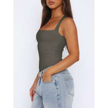 REORIA Womens Sexy Casual Sleeveless Square Neck Tummy Control Thong Bodysuits Tank Tops Sexy Valentine's Day Tops for Women Plus Size Grey Green XX-Large