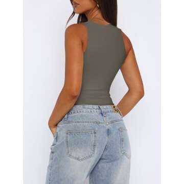 REORIA Womens Sexy Casual Sleeveless Square Neck Tummy Control Thong Bodysuits Tank Tops Sexy Valentine's Day Tops for Women Plus Size Grey Green XX-Large