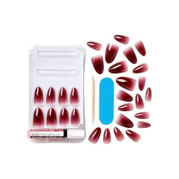 KISS Bare but Better, Press-On Nails, Nail glue included, 'Chemistry', Red, Medium Size, Almond Shape, Includes 28 Nails, 2g Glue, 1 Manicure Stick, 1 Mini file