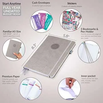 GoGirl Budget Book – Undated Colorful Monthly Financial Planner Organizer. Budget Planner & Expense Tracker to Reach Financial Goals, Lasts 1 Year, +Bonus 3 Cash Envelopes, A5 Hardcover – Gray