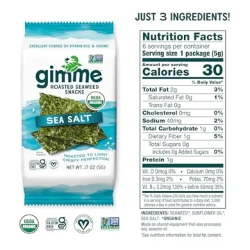 Gimme Seaweed - Sea Salt - 6 Count - Organic Roasted Seaweed Sheets - Keto, Vegan, Gluten Free - Great Source of Iodine & Omega 3’s - Healthy On-The-Go Snack for Kids & Adults