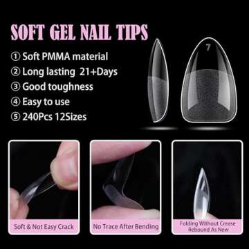 Carmu Short Almond Gel Nail Tips, 240pcs Soft Acrylic Nail Tips Half Matte Pre-shape Full Cover Fals...