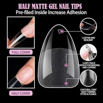 Carmu Short Almond Gel Nail Tips, 240pcs Soft Acrylic Nail Tips Half Matte Pre-shape Full Cover False Nail Tips Press on Almond Nails Tips Set for Nail Extension Nail Salon DIY Ideal Gifts 12 Sizes