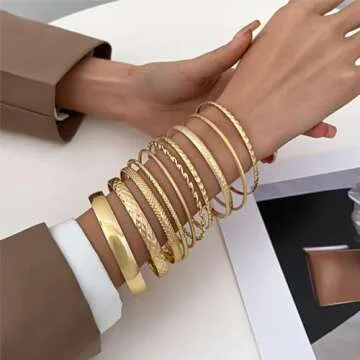 IFKM Gold Boho Bangle Bracelet Set For Women 14k Gold Plated Multilayer Stackable Indian Chunky Bangle Bracelets Layered Textured Wide Cable Smooth Bracelet