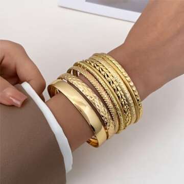 IFKM Gold Boho Bangle Bracelet Set For Women 14k Gold Plated Multilayer Stackable Indian Chunky Bangle Bracelets Layered Textured Wide Cable Smooth Bracelet