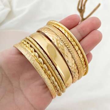 IFKM Gold Boho Bangle Bracelet Set For Women 14k Gold Plated Multilayer Stackable Indian Chunky Bangle Bracelets Layered Textured Wide Cable Smooth Bracelet
