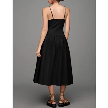 MISSACTIVER Spaghetti Strap Maxi Dress for Women Sleeveless V Neck Knit Patchwork Dresses Summer Flowy Long Cami Dress Black