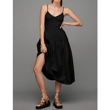 MISSACTIVER Spaghetti Strap Maxi Dress for Women Sleeveless V Neck Knit Patchwork Dresses Summer Flowy Long Cami Dress Black