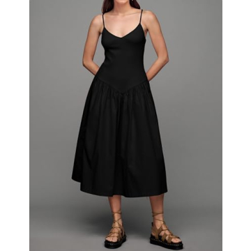 MISSACTIVER Spaghetti Strap Maxi Dress for Women Sleeveless V Neck Knit Patchwork Dresses Summer Flowy Long Cami Dress Black