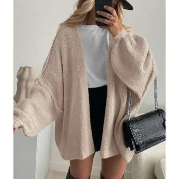 PRETTYGARDEN Womens Oversized Cardigan Sweaters 2025 Fall Long Lantern Sleeve Knit Open Front Lightweight Sweater (Grey Beige,Small)