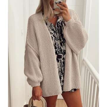PRETTYGARDEN Womens Oversized Cardigan Sweaters 2025 Fall Long Lantern Sleeve Knit Open Front Lightweight Sweater (Grey Beige,Small)