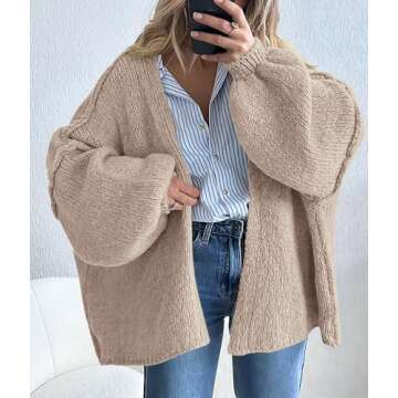 PRETTYGARDEN Womens Oversized Cardigan Sweaters 2025 Fall Long Lantern Sleeve Knit Open Front Lightweight Sweater (Grey Beige,Small)