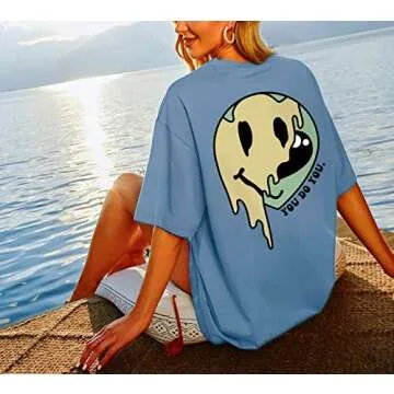 MISSACTIVER Women Oversized Graphic Print Tee Shirt Loose Short Sleeve Round Neck Drop Shoulder Tee Top Pullover Blue