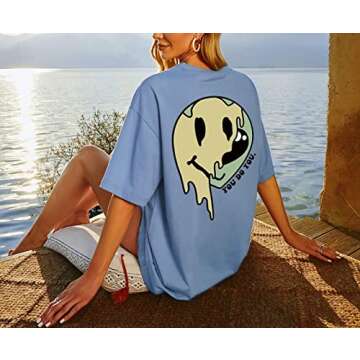 MISSACTIVER Women Oversized Graphic Print Tee Shirt Loose Short Sleeve Round Neck Drop Shoulder Tee Top Pullover Blue