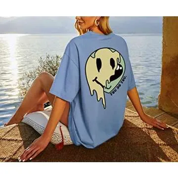 MISSACTIVER Women Oversized Graphic Print Tee Shirt Loose Short Sleeve Round Neck Drop Shoulder Tee Top Pullover Blue