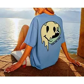 MISSACTIVER Women Oversized Graphic Print Tee Shirt Loose Short Sleeve Round Neck Drop Shoulder Tee Top Pullover Blue