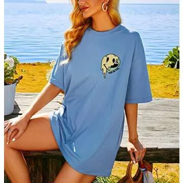 MISSACTIVER Women Oversized Graphic Print Tee Shirt Loose Short Sleeve Round Neck Drop Shoulder Tee Top Pullover Blue