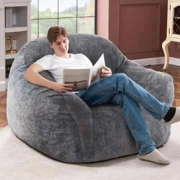 Giant Bean Bag Chair for Adults, Large Memory Foam BeanBag Chairs, Oversized Bean Bag Sofa with Filler, Faux Fur Big Reading Chair Comfy Floor Sofa Chair (Grey)