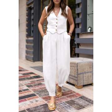 PRETTYGARDEN Summer Womens Two Piece Outfits Cotton Casual Suit Sets V Neck Button Front Cropped Tan...