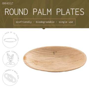 brheez Palm Leaf Party Plates 25 Ct 6 Inch Eco Friendly Compostable & Biodegradable – Elegant Bamb...