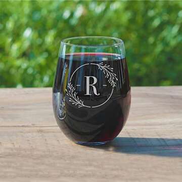 Monogram Wreath Single Letter R - 20oz Stemless Wine Glasses | Personalized Gift with Laser Engraving and Chip Resistant Rim