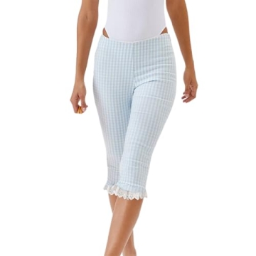 Women Lace Trim Gingham Capri Leggings Half Tights Summer Casual Slim Fitted Plaid Print Cropped Pan...