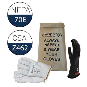 Enespro Class 0 Black Rubber Voltage Insulating Glove Kit with Leather Protectors, Max. Use Voltage ...