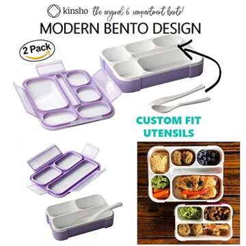 Bento Lunch-Box and Snack Container Set for Kids, 6 and 3 Compartment Boxes Leakproof School Bentos ...