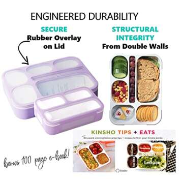 Bento Lunch-Box and Snack Container Set for Kids, 6 and 3 Compartment Boxes Leakproof School Bentos Meal Portion Control Containers BPA Free, Boys Girls Adults, Purple Lilac Large + MINI 2 pack